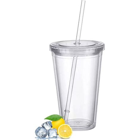 Bicchiere di plastica riutilizzabile con cannuccia trasparente a doppia parete, adatto per succhi di frutta. (1/5)