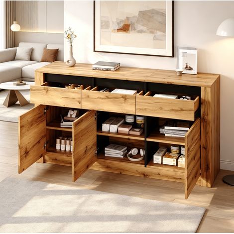 Buffet naturel 140 x 35 x 70 cm en panneau de particules, 3 tiroirs et armoires OKWISH (1/5)