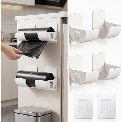 Lot de 4 organiseurs de cuisine non perforés - Montage mural - Distributeur de sacs poubelle - Blanc - Organiseur de cuisine - Pour le rangement et l'organisation des accessoires de cuisine (1/5)