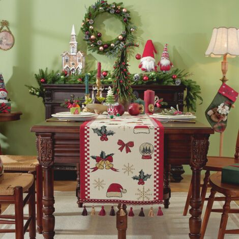Pair Christmas Table Runner Xmas Dining Table Linen Decoration with Tassels Cotton Blend Winter Holiday Decoration, ( 35 x 180 ) (1/5)