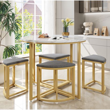Tavolo e 4 sedie 80x80x75 cm MDF bianco e grigio, salvaspazio sala da pranzo FloraGrace (1/5)