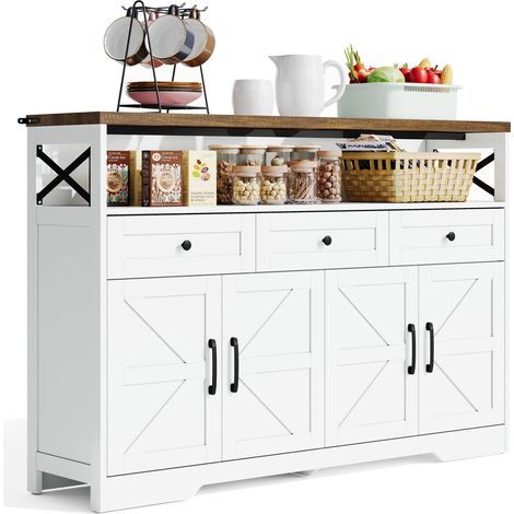 Kuchenbuffet mit 3 Schubladen, 2 Turen und Offenem Fach, Rustikaler Stil, fur Kuche und Wohnzimmer, aus MDF 140×35×95 cm (1/5)