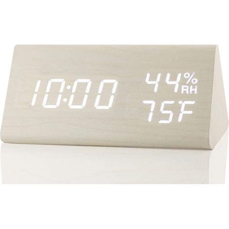 Réveil numérique avec affichage électronique de l'heure par LED en bois, 3 réglages d'alarme, détection de l'humidité et de la température, horloge électrique en bois pour chambres et tables de chevet (1/5)