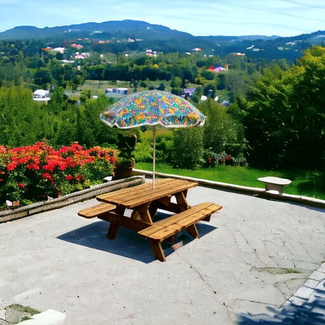 Table de Jardin en Bois Massif 180 cm Classe 3 + trou Parasol, Faible Encombrement, 100% Française (1/5)