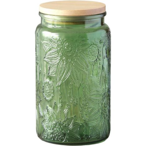 Bocal en verre vert, pot à bonbons de 1000 ml avec couvercle, bocaux colorés vintage pour cuisine, bocal décoratif pour café, thé, bonbons, cookies, jolis bocaux (vert, 1 pièce) (1/5)