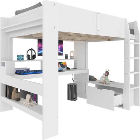 Lit mezzanine 140x200 cm avec bureau, LED 16 couleurs, étagères et tiroirs, blanc, pour chambre d'enfant dès 6 ans, gain de place – CHICFURN (1/5)
