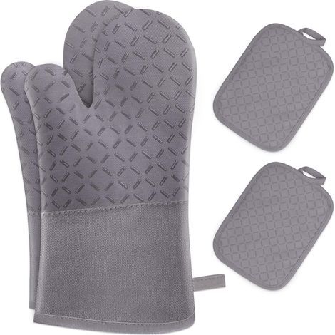 Lot de 4 Gant Four Maniques Cuisine - Gant Four Anti Chaleur Jusqu'à 300 °C, Gants en Silicone Antidérapantes, en Coton Doux, 32cm Longs et Flexibles en Gant de Cuisine, Gris