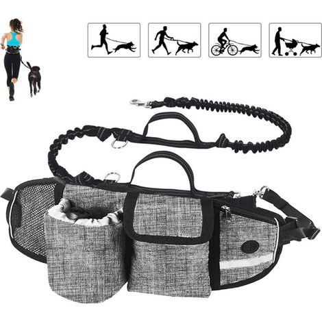 Correa para perros manos libres, amortiguadora, cómoda y con costuras reflectantes. Ideal para correr, trotar y pasear. Color gris claro.