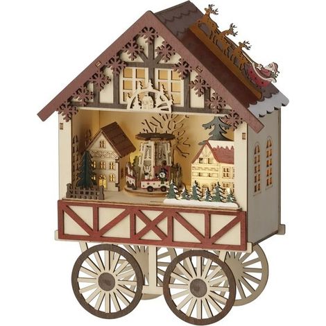 Escenario navideño de madera con luces, música y movimiento 20.5 × 27.5 cm