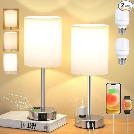 Touch Lampes pour chambres à coucher Set de 2 blanc - 3 voies Dimmable lampe de chevet avec ports et prises USB C et A, lampe de table de chevet moderne avec abat-jour en lin et base argentée, petites (1/5)