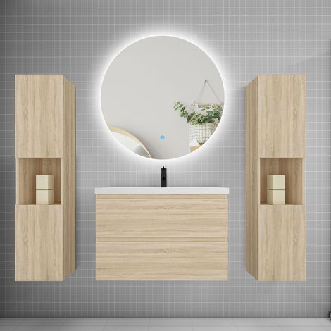 Ensemble meuble chêne et vasque L.80cm 2 tiroirs + colonne2 haut + lavabo + miroir 60x60cm-suspendu