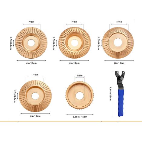 Set di 6 dischi abrasivi per smerigliatrice angolare, ideali per lucidare, levigare e incidere il legno. Include piastra abrasiva e chiave.