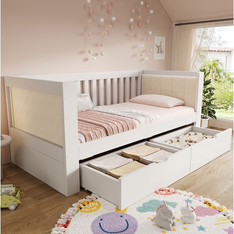 Cama nido 90x190 cm blanca de madera con 2 cajones y respaldo acolchado (1/5)