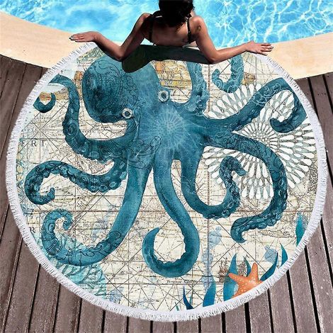 Couverture de plage d'extérieur, serviette, grand tapis rond imprimé vie marine avec pompons2 (1/5)