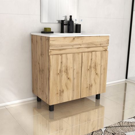 Mueble de Baño 80cm 2 PuertasRoble Natural + Lavabo de cerámica Blanco - TIMBER 80 (1/5)