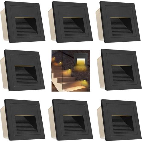 Arote 8pcs 3W LED Appliques encastré mur d'escalier Blanc chaud IP65 étanche éclairage étape légère éclairage de cage d'escalier lampe aluminium extérieur LED Step light Lumières de Marche 3000K noir