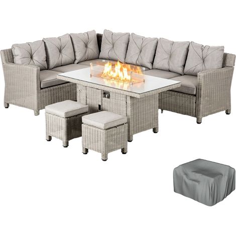 Grey 8-Seater Woven Resin Garden Lounge with Fire Pit Table (1/5)