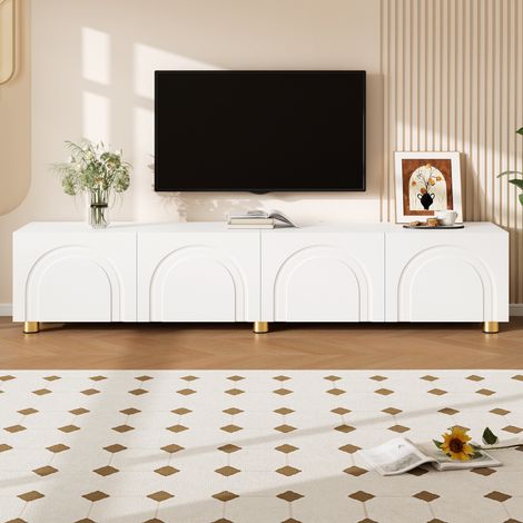 Meuble TV lowboard 180 x 35 x 40 cm avec 4 portes, relief arqué 3D, pieds en métal, blanc DESVIAE (1/5)