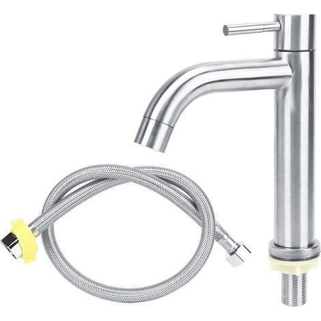Robinet lavabo inox brossé colonne eau froide flexible inclus (1/5)