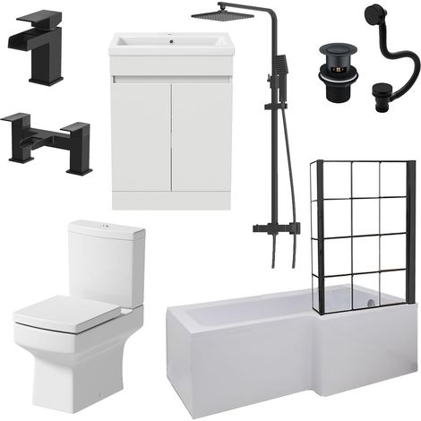 Complete Bathroom Suite Black 1700 L Shape RH Bath Screen Vanity WC Shower Taps