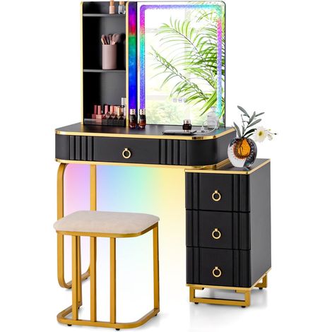 Set toeletta con specchio illuminato 80 x 40 x 137 cm 7 modalità LED regolabili sgabello imbottito in MDF nero 200011864