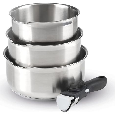 Batterie de Cuisine à Induction 4 Pièces - Set de 3 Casseroles en Inox 16, 18 et 20 cm avec Poignée Amovible - Acier Inoxydable - Lot pour Tout Feu - Argenté (1/5)