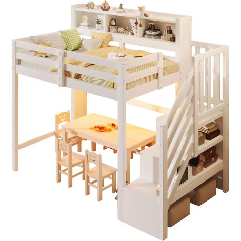 Lit mezzanine 90x200 cm avec LED, escalier de rangement et coffres ouverts, sécurité enfant, blanc, bois de pin et MDF - CHICFURN (1/5)