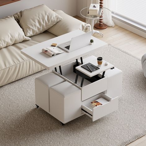 Table basse relevable 100 cm blanche – Plateau hydraulique fluide – 4 tabourets intégrés – Rangement caché et roulettes