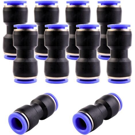 10 - Raccord Pneumatique - Connecteur Rapide - Push-to-Connect pour Air Comprimé - Compatible Tuyau PU Nylon - Noir et Bleu - 11 mm (1/5)