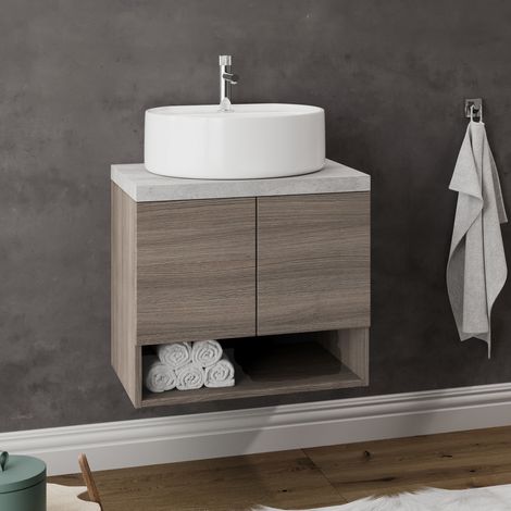 OSLO Meuble 2 portes pour vasque à poser Chêne fumé & plan gris béton largeur 60 cm (1/5)