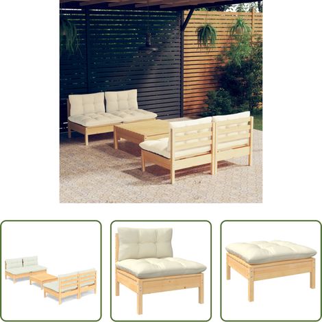 Terrassenmöbel - 5-tlg. Garten-Lounge-Set mit Creme Kissen Kiefernholz (1/5)