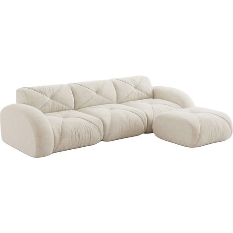 Divano modulare angolare a L in ciniglia beige chiaro con pouf, 3 posti, senza montaggio (1/5)