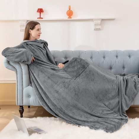 Kuscheldecke mit Ärmeln und Fußtasche 150x200cm Grau (1/5)