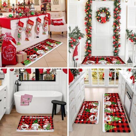 Tapis de cuisine de Noël, lot de 2,motif gnomes,paillasson,motif à carreaux de buffle rouge,décoratif,pour la maison(40x60+120 cm) (1/4)