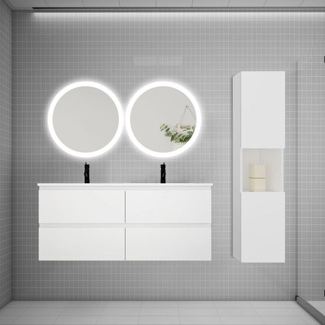 AICA Ensemble meuble double vasque L.120cm 4 tiroirs + lavabo + 2LED miroirs rond 60cm + colonne,blanc,aica