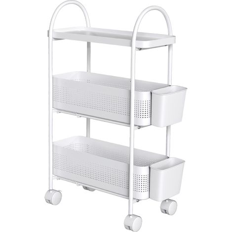 Levede 3 Tier Narrow Trolley Cart on Wheels Pull out and Hanging Storage Basket