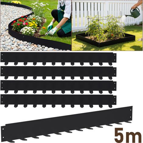 TolleTour Bordüre aus flexiblem Stahl für Garten & Rasen - 5 Paneele à 100 cm (5 m Gesamtlänge) - Höhe 5 cm - Farbe Schwarz - inkl. 60 Erdankern & Befestigungsnägeln