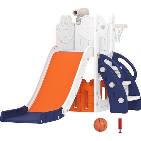 Set Scivolo per Bambini 5 in 1 con Canestro Scaletta Telescopio e Contenitori 178x70x86 cm in HDPE e PP Blu scuro (1/5)
