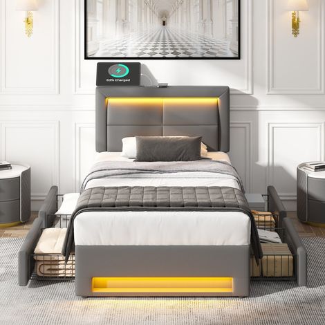 Lit simple 90x190 cm en similicuir gris avec led intégrée, port usb et 4 tiroirs de rangement, sans matelas (1/5)