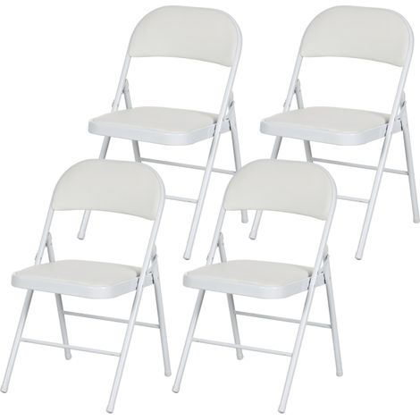 Ensemble de 4 chaises pliantes, chaises de bureau portables avec coussins, revêtement en similicuir, pieds en acier, idéales pour le bureau, la réception ou la salle d'attente, blanches.