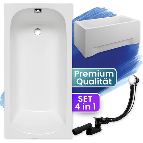 Badewanne Rechteck 130x70 mit AcrylSchürze, Ablaufgarnitur & Füßen GRATIS - Komplettset 4in1 Original Acryl Wanne Siphon - BADLAND CLASSIC (1/5)