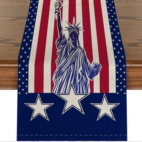Nappe en lin imprimée créative, motif drapeau américain à rayures et étoiles, pour la fête de l'Indépendance, avec la Statue de la Liberté (180 x 33 cm). Décoration de table.