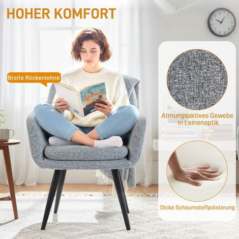 Fauteuil d'appoint moderne gris clair, siège rembourré en lin, piètement métallique (1/4)