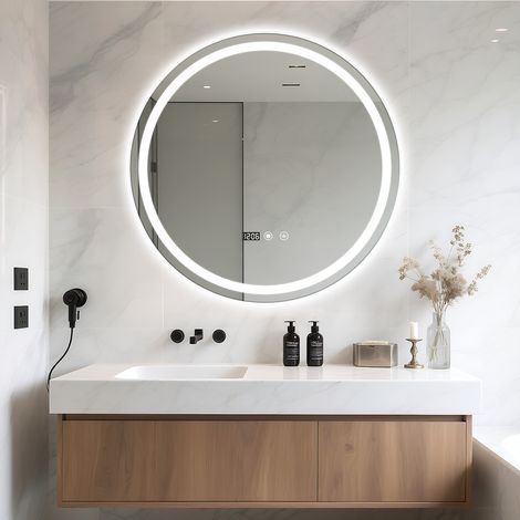 Miroir de salle de bain avec lumière LED, miroir de salle de bain intelligent antibuée sans perforation, 60 × 60 cm, avec affichage de l'heure et de la température. (1/5)