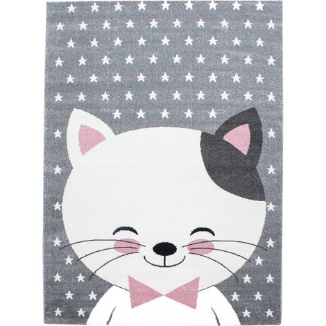 Tapis enfant tissé 160x230 rose et gris rectangle KID CHAT