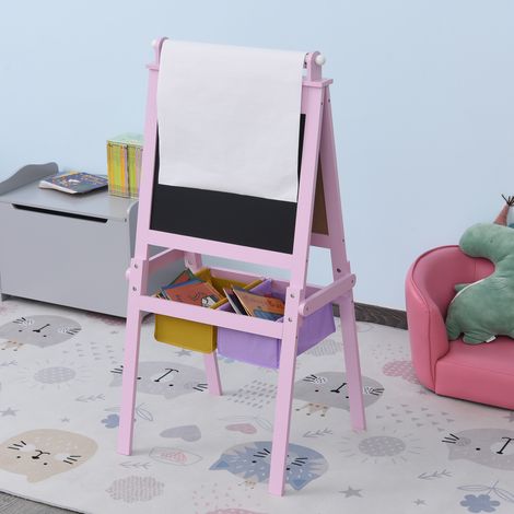 Doppelseitige Staffelei für Kinder mit Papierrolle und 2 Aufbewahrungskörben, 58,5 x 50,5 x 118 cm, Rosa