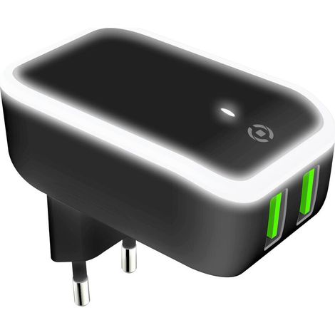 CellyUSB 2 Port Netzwerk Ladegerät USB mit LED Licht, 2.4 A Schnellladung Dual Universal, Schwarz