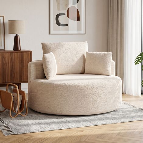 Pouf rond en chenille, grande assise, 2 coussins, 1 dossier, 1 traversin, charge maximale 250 kg, 130 x 130 x 82 cm, crème (1/5)