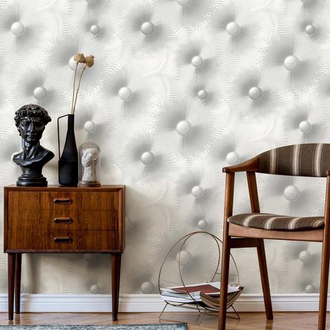 Papier peint moderne gris argent effet capitonné | Tapisserie argent tendance idéale chambre adulte | Papier peint intissé salon (1/4)