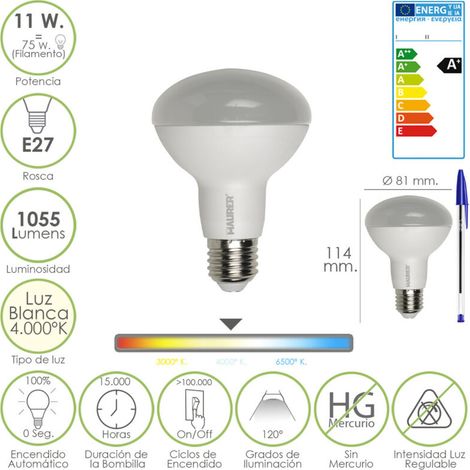 Bombilla Led Reflectante Rosca E27 11 Watt. Equivale a 75 Watt. 1055 Lumenes. Luz Blanca (4.000º K)